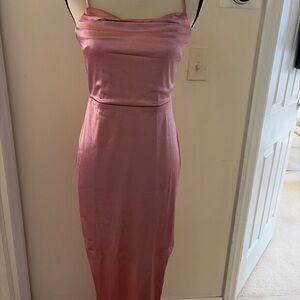 Elegant Pink Satin Dress with High side slit (left side).